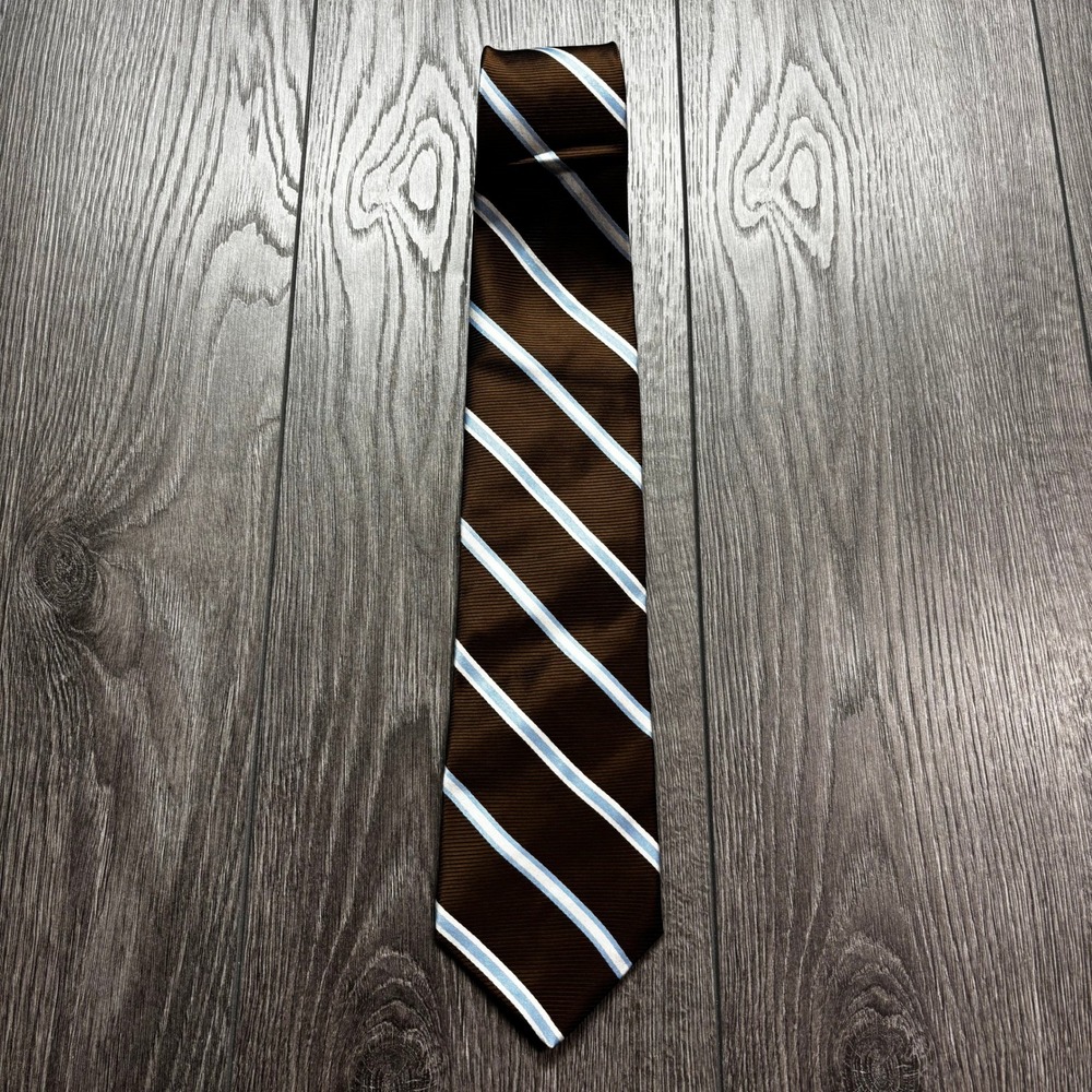 Brooks Brothers Mens Silk Tie Brown Blue White Repp Stripe Stain Resistant USA